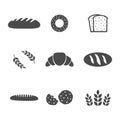 Bread icons set. Bakery products silhouette collection. Vector food illustration